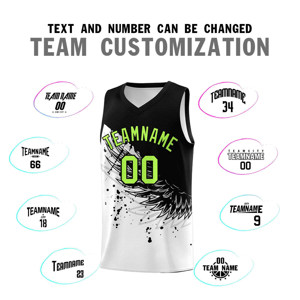 Custom White Black Wing Pattern Sports Uniform Basketball Jersey