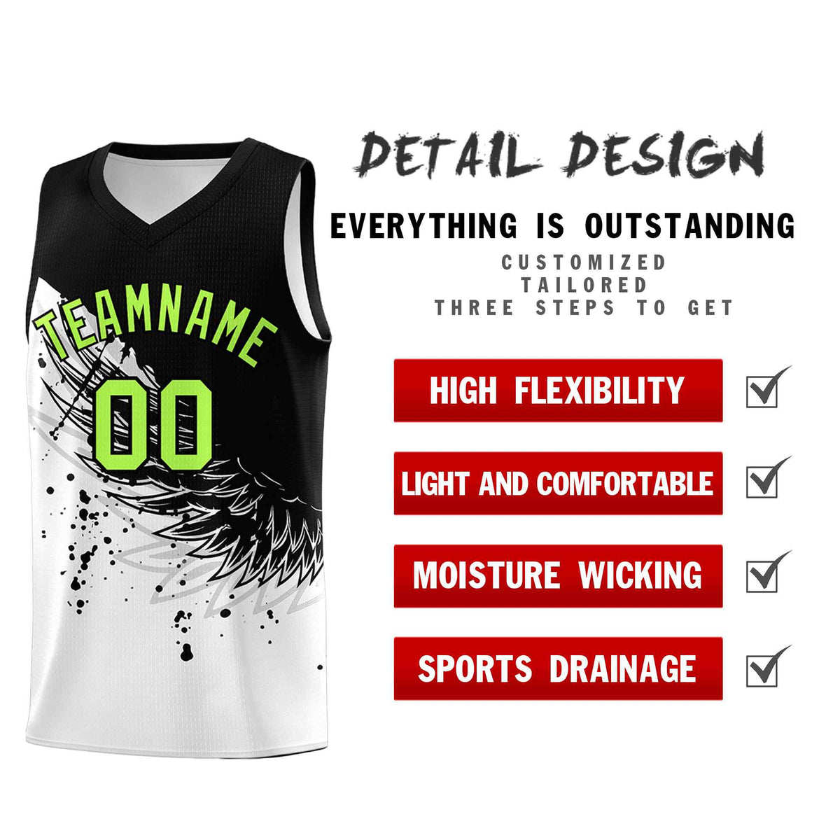 Custom White Black Wing Pattern Sports Uniform Basketball Jersey