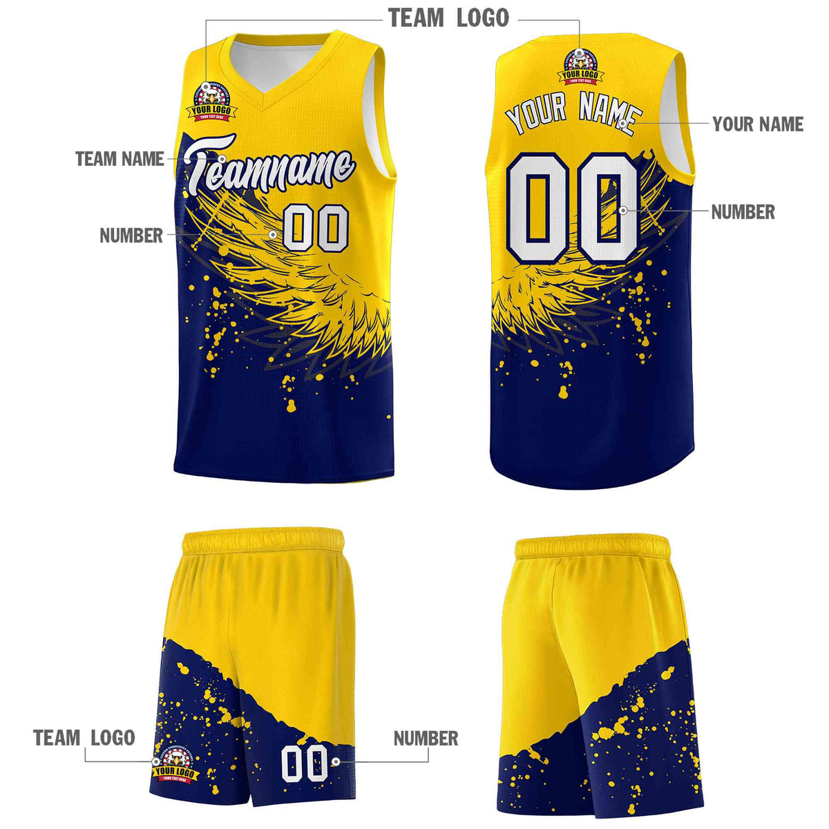 Custom Navy Gold Wing Pattern Sports Uniform Basketball Jersey