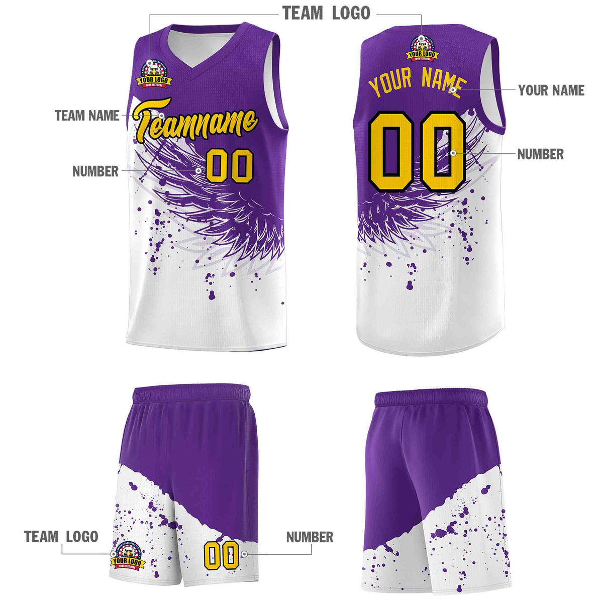 Custom White Purple Wing Pattern Sports Uniform Basketball Jersey