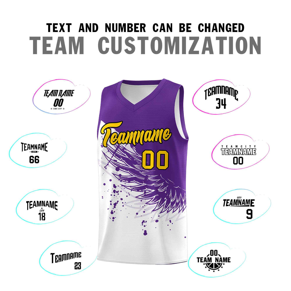 Custom White Purple Wing Pattern Sports Uniform Basketball Jersey