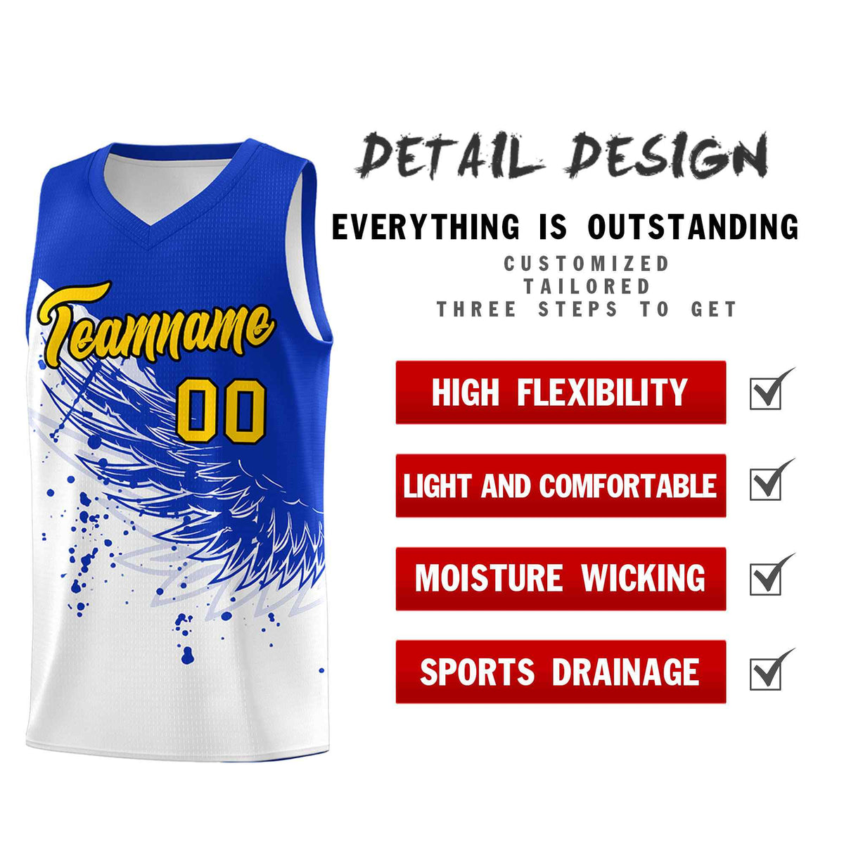 Custom White Royal Wing Pattern Sports Uniform Basketball Jersey