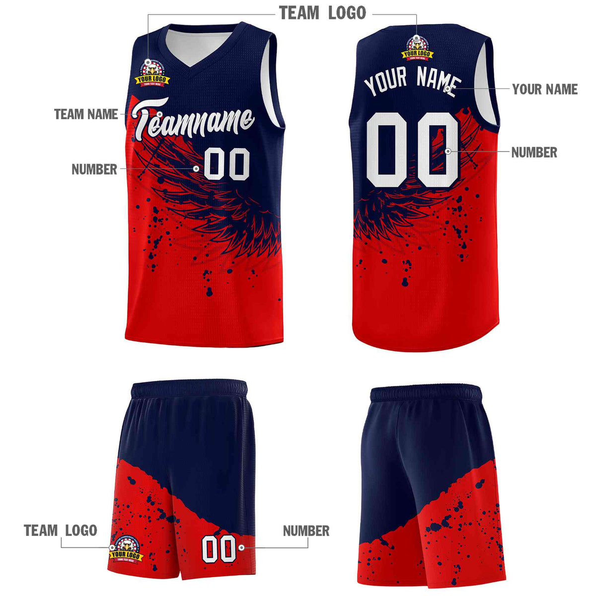 Custom Red Navy Wing Pattern Sports Uniform Basketball Jersey
