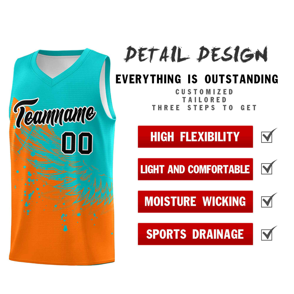 Custom Orange Aqua Wing Pattern Sports Uniform Basketball Jersey
