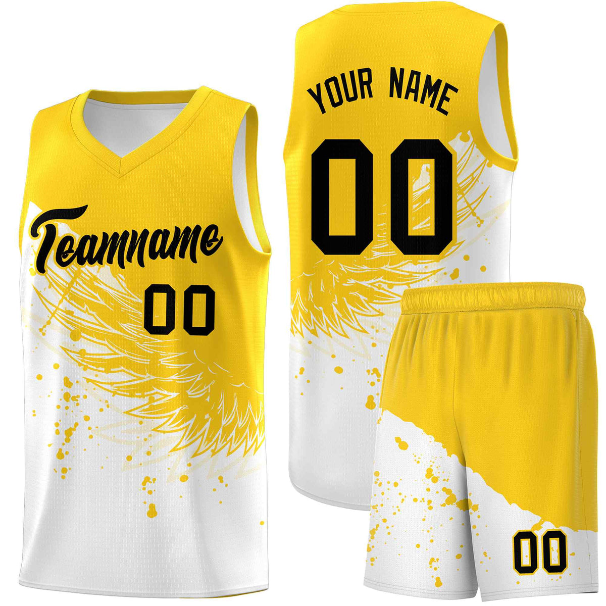Custom White Gold Wing Pattern Sports Uniform Basketball Jersey
