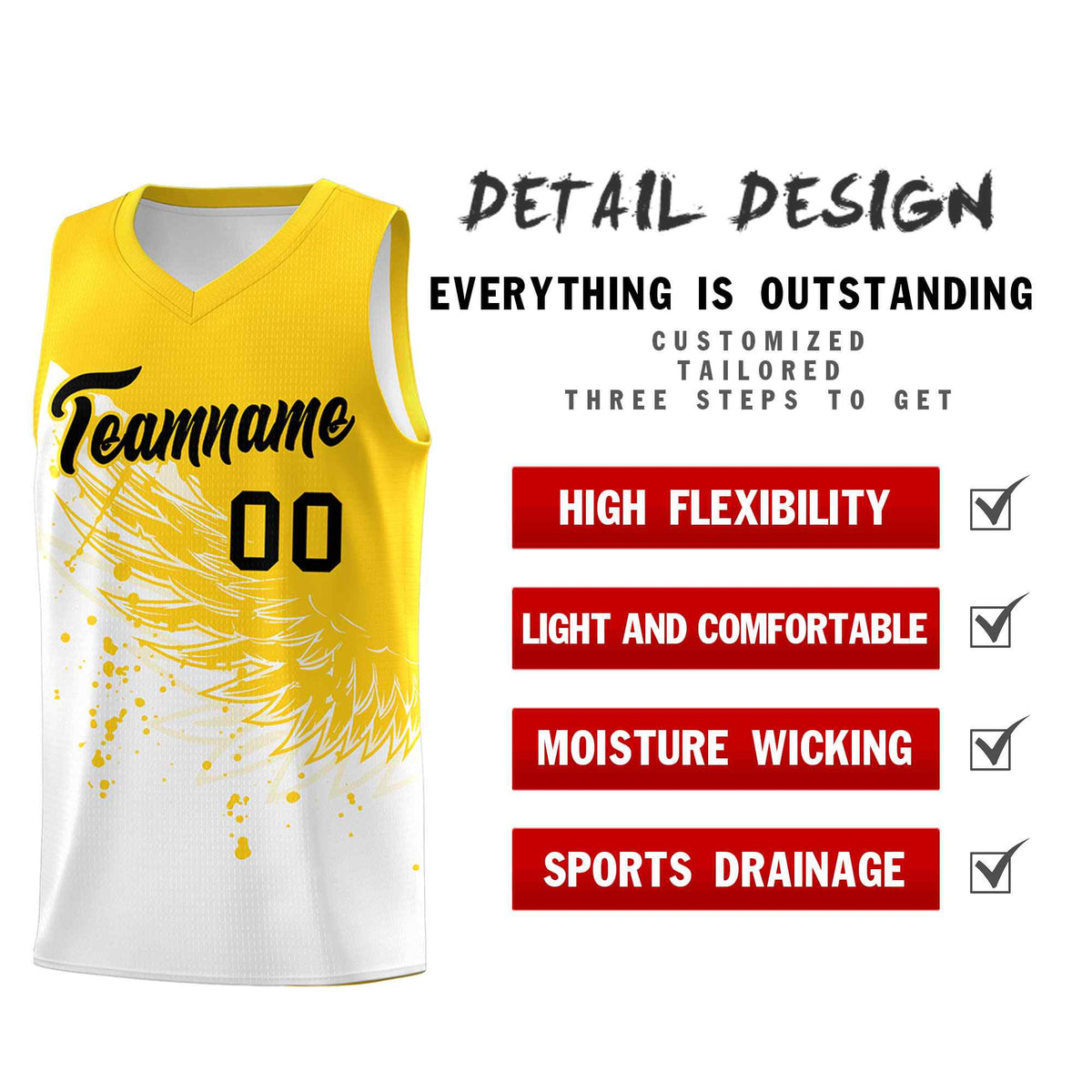 Custom White Gold Wing Pattern Sports Uniform Basketball Jersey