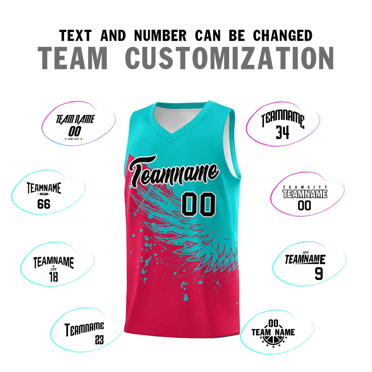 Custom Red Aqua Wing Pattern Sports Uniform Basketball Jersey