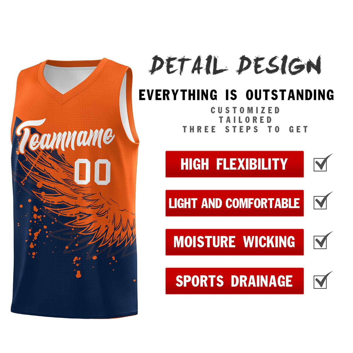 Custom Navy Orange Wing Pattern Sports Uniform Basketball Jersey