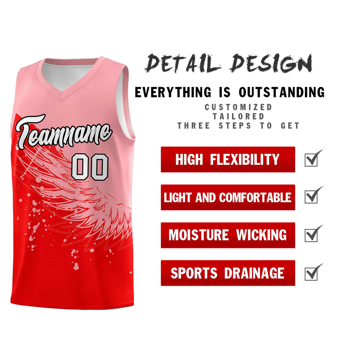 Custom Light Red Light Pink Wing Pattern Sports Uniform Basketball Jersey