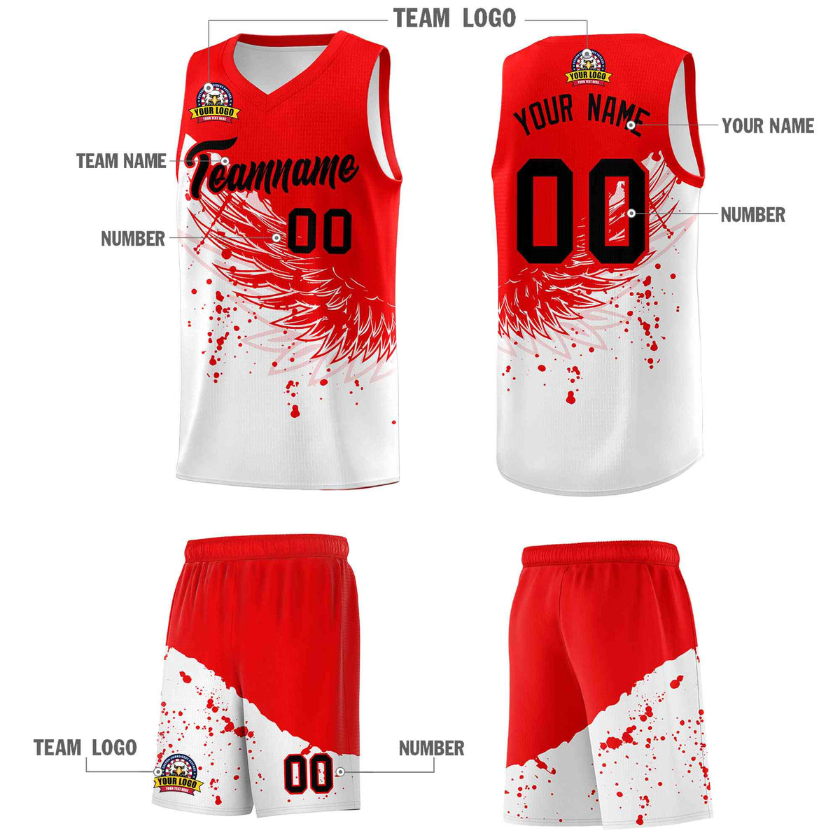 Custom White Light Red Wing Pattern Sports Uniform Basketball Jersey