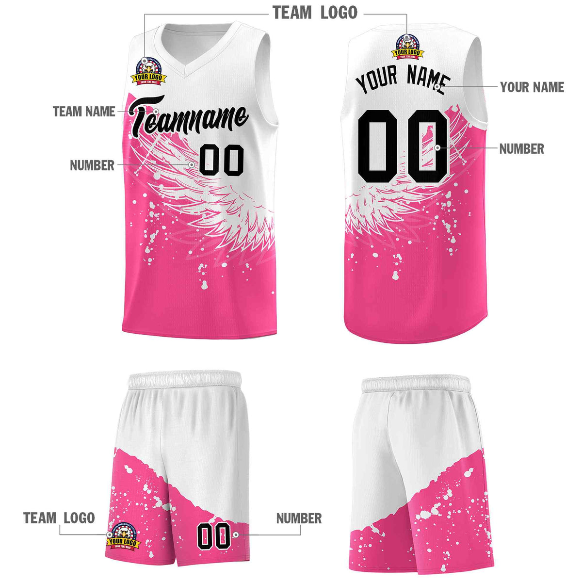 Custom Pink White Wing Pattern Sports Uniform Basketball Jersey