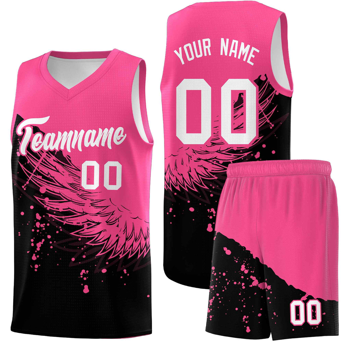 Custom Black Pink Wing Pattern Sports Uniform Basketball Jersey