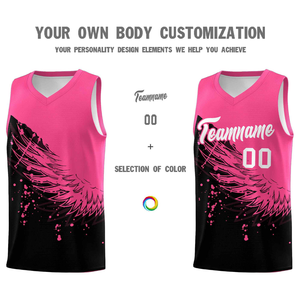 Custom Black Pink Wing Pattern Sports Uniform Basketball Jersey