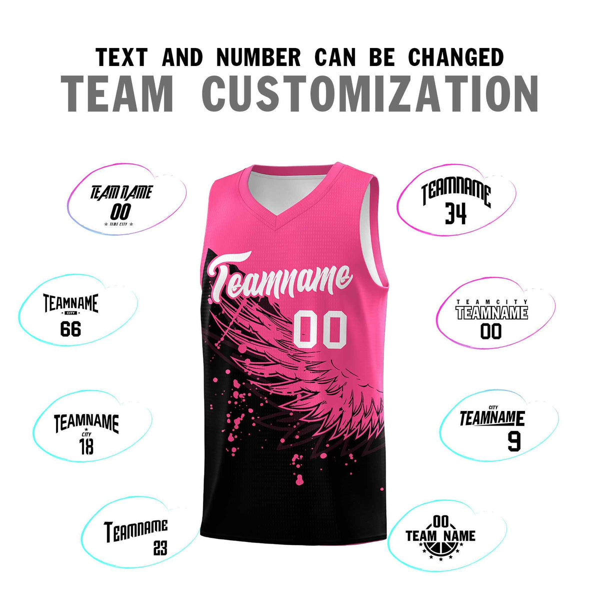 Custom Black Pink Wing Pattern Sports Uniform Basketball Jersey