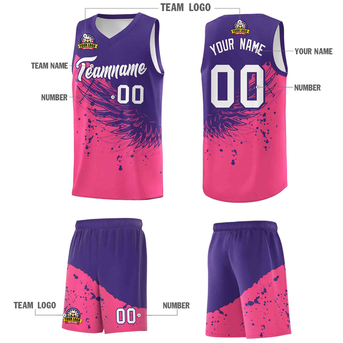 Custom Pink Purple Wing Pattern Sports Uniform Basketball Jersey
