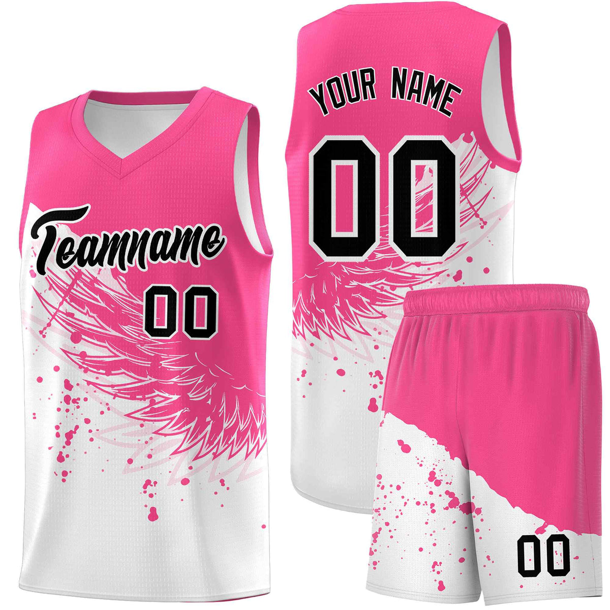 Custom White Pink Wing Pattern Sports Uniform Basketball Jersey