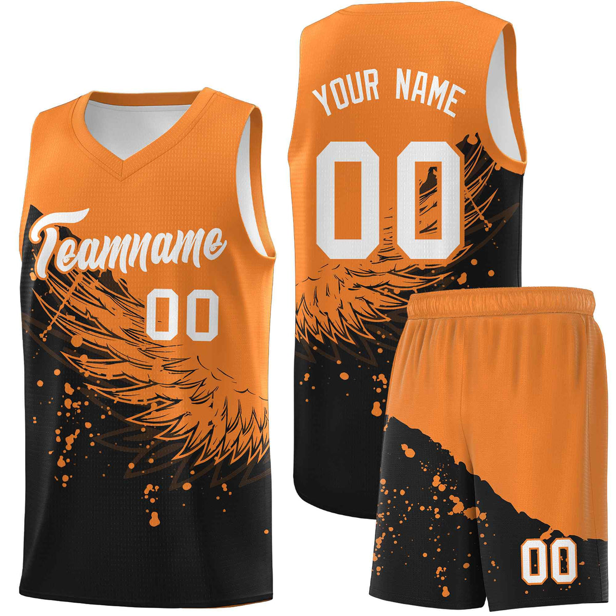 Custom Black Gold Orange Wing Pattern Sports Uniform Basketball Jersey