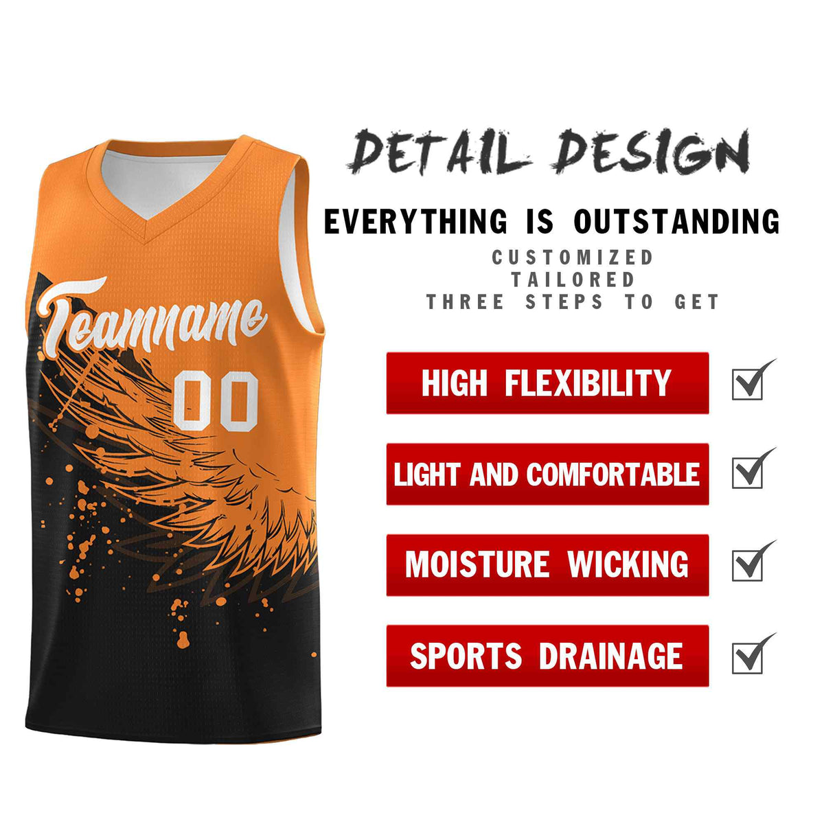 Custom Black Gold Orange Wing Pattern Sports Uniform Basketball Jersey