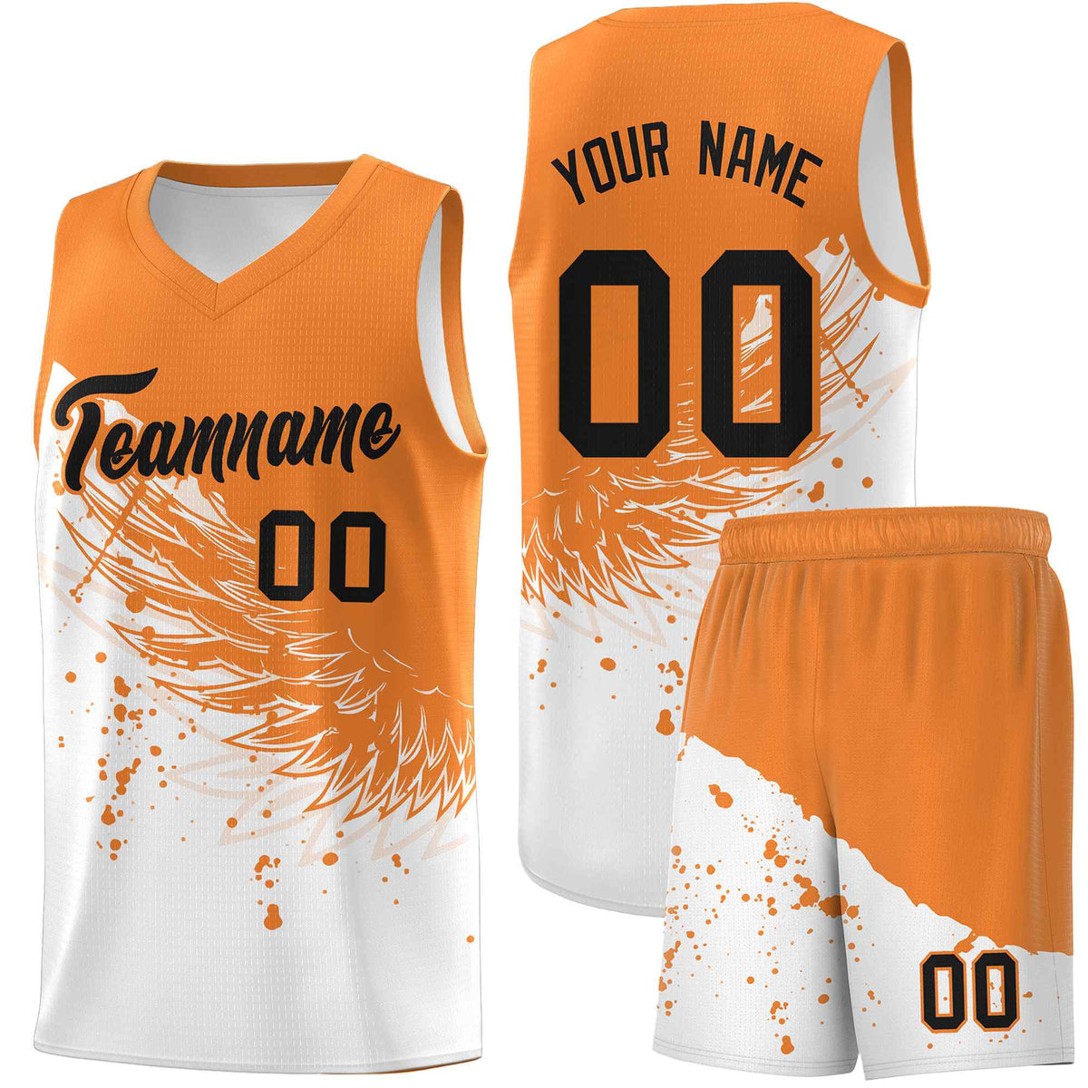 Custom White Gold Orange Wing Pattern Sports Uniform Basketball Jersey