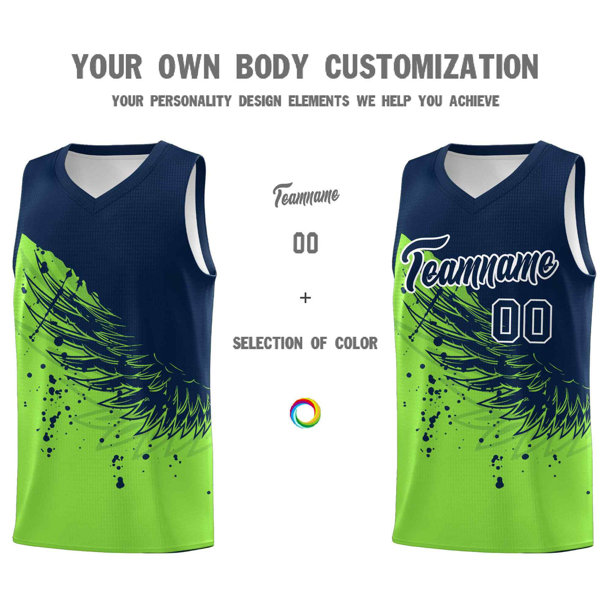 Custom Fluorescent Green Navy Wing Pattern Sports Uniform Basketball Jersey
