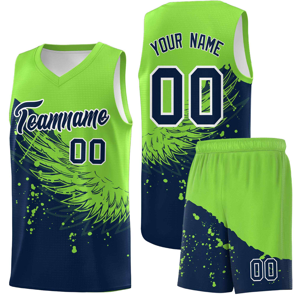 Custom Navy Fluorescent Green Wing Pattern Sports Uniform Basketball Jersey