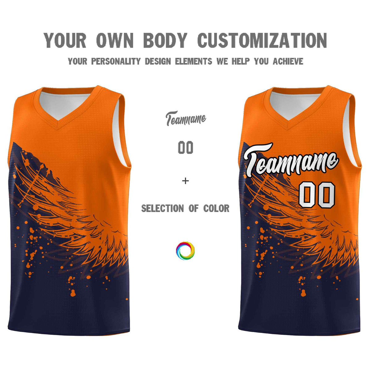 Custom Navy Orange Wing Pattern Sports Uniform Basketball Jersey