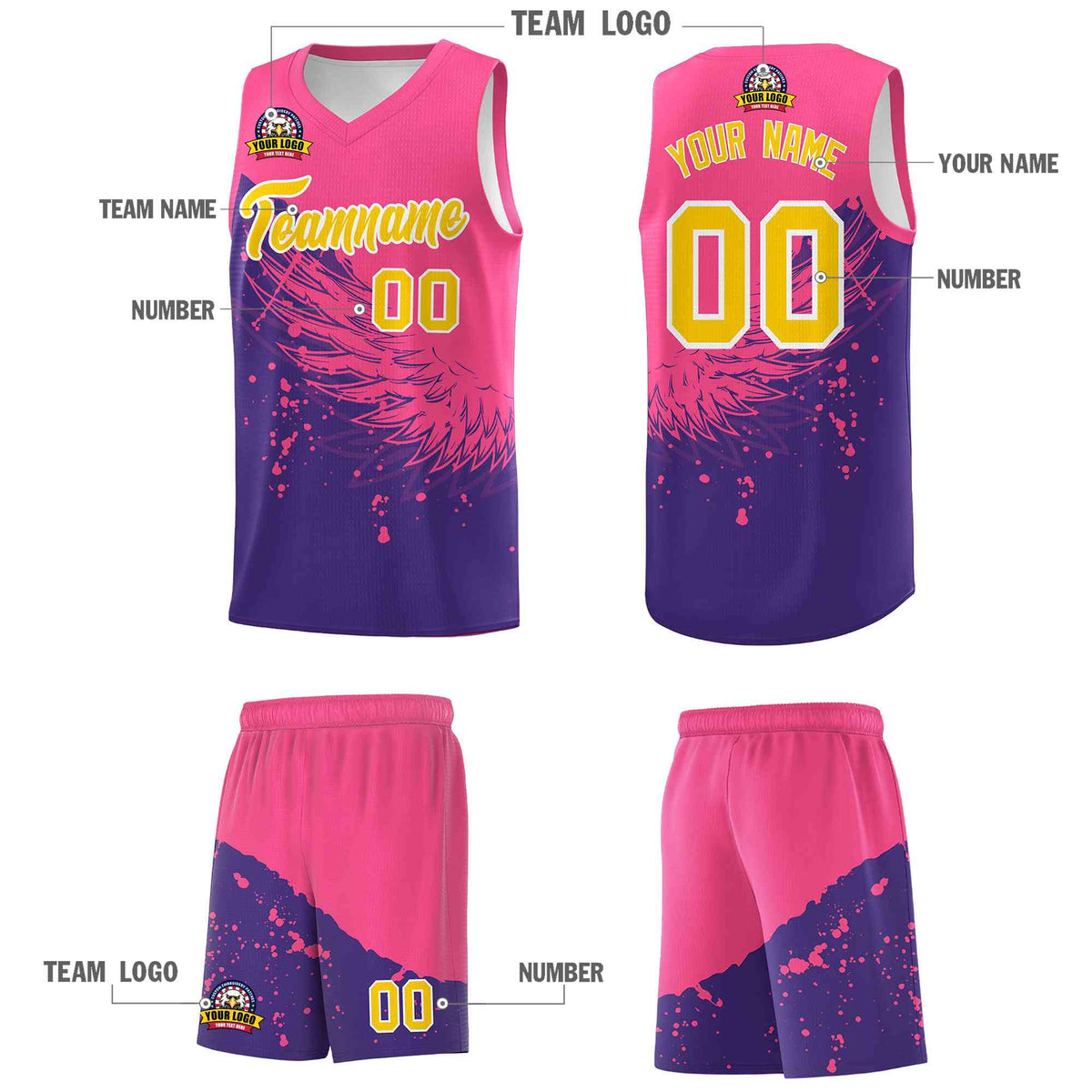 Custom Purple Pink Wing Pattern Sports Uniform Basketball Jersey