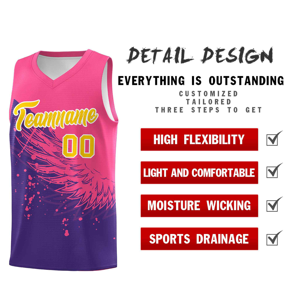Custom Purple Pink Wing Pattern Sports Uniform Basketball Jersey