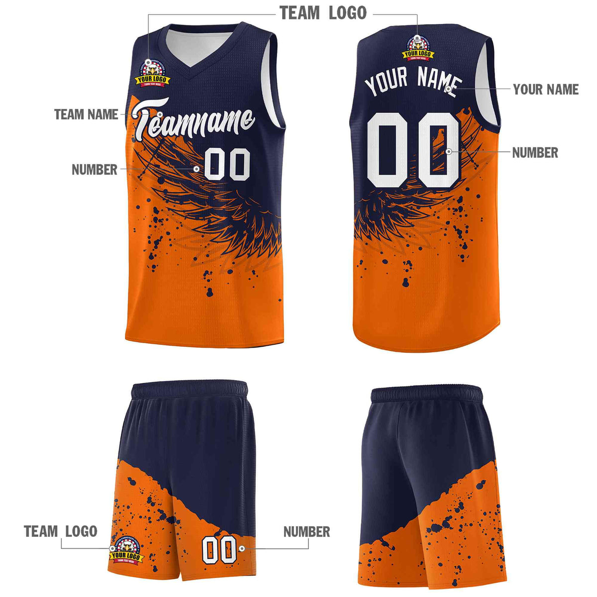 Custom Orange Navy Wing Pattern Sports Uniform Basketball Jersey