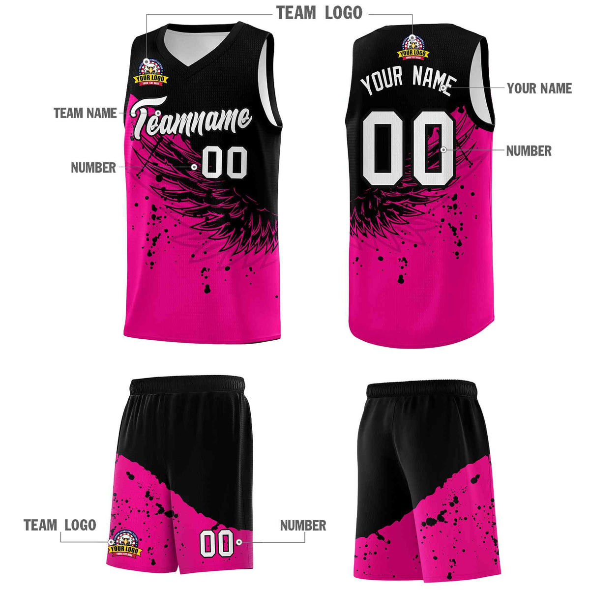 Custom Pink Black Wing Pattern Sports Uniform Basketball Jersey