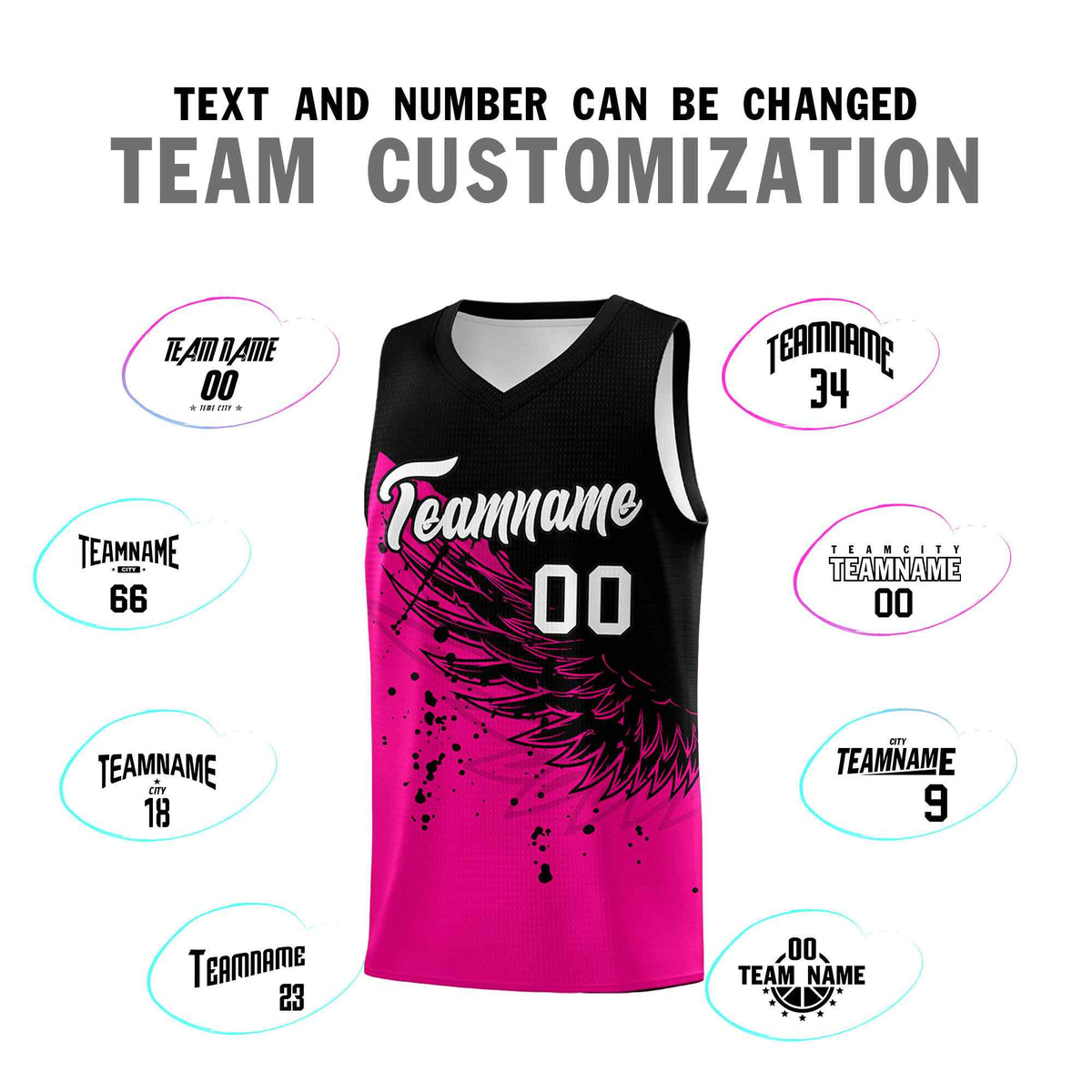 Custom Pink Black Wing Pattern Sports Uniform Basketball Jersey