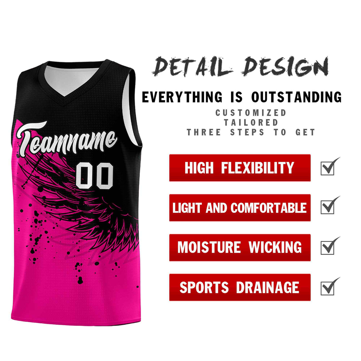 Custom Pink Black Wing Pattern Sports Uniform Basketball Jersey