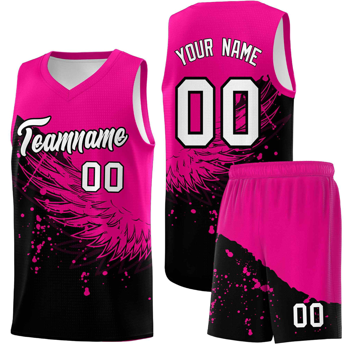 Custom Black Pink Wing Pattern Sports Uniform Basketball Jersey