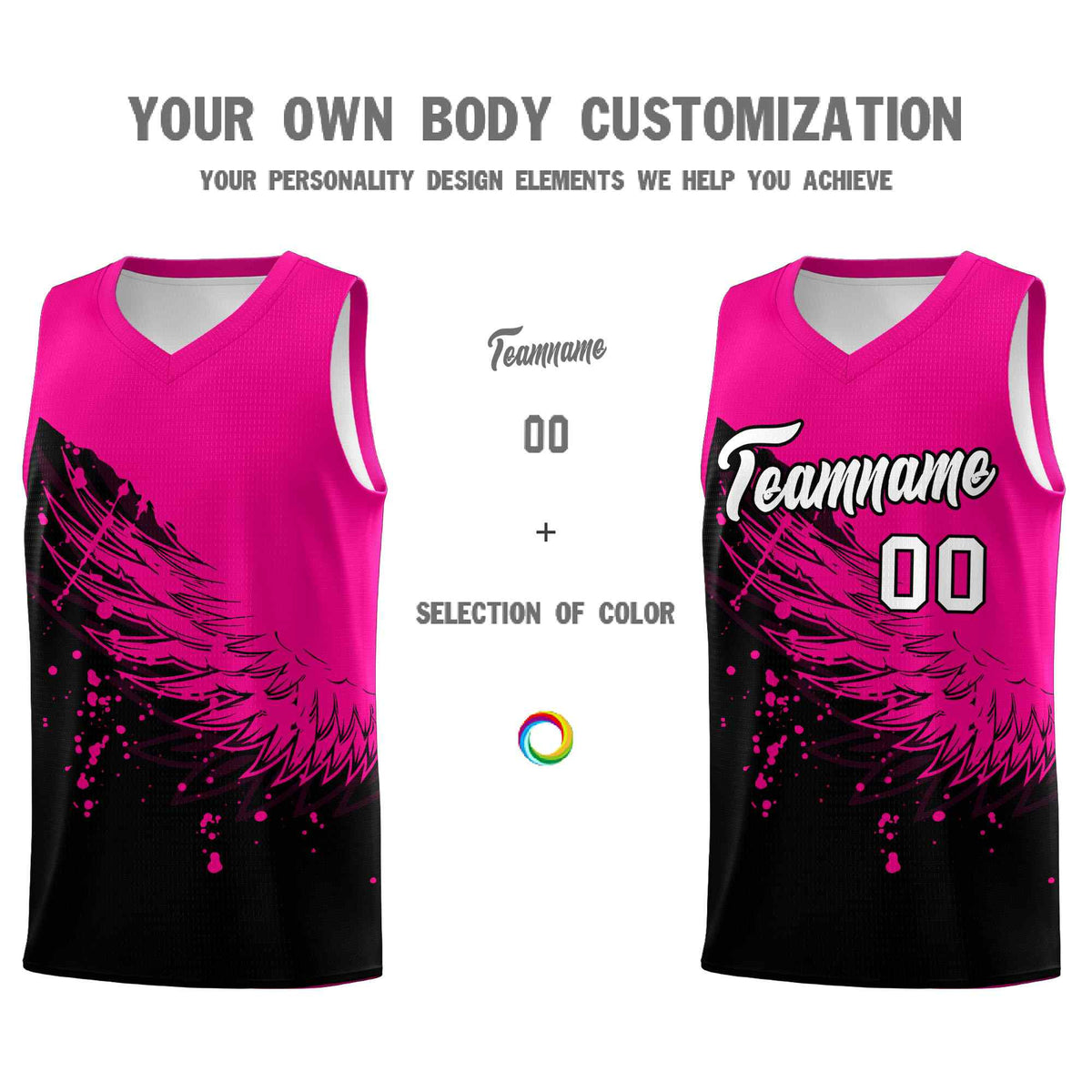 Custom Black Pink Wing Pattern Sports Uniform Basketball Jersey