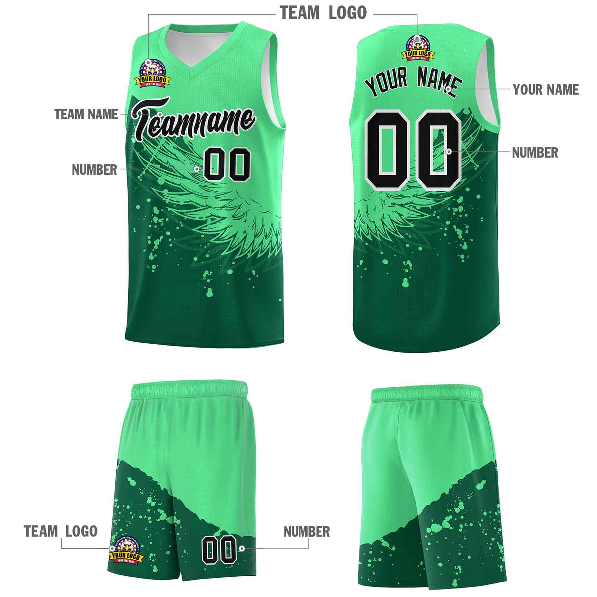 Custom Kelly Green Green Wing Pattern Sports Uniform Basketball Jersey