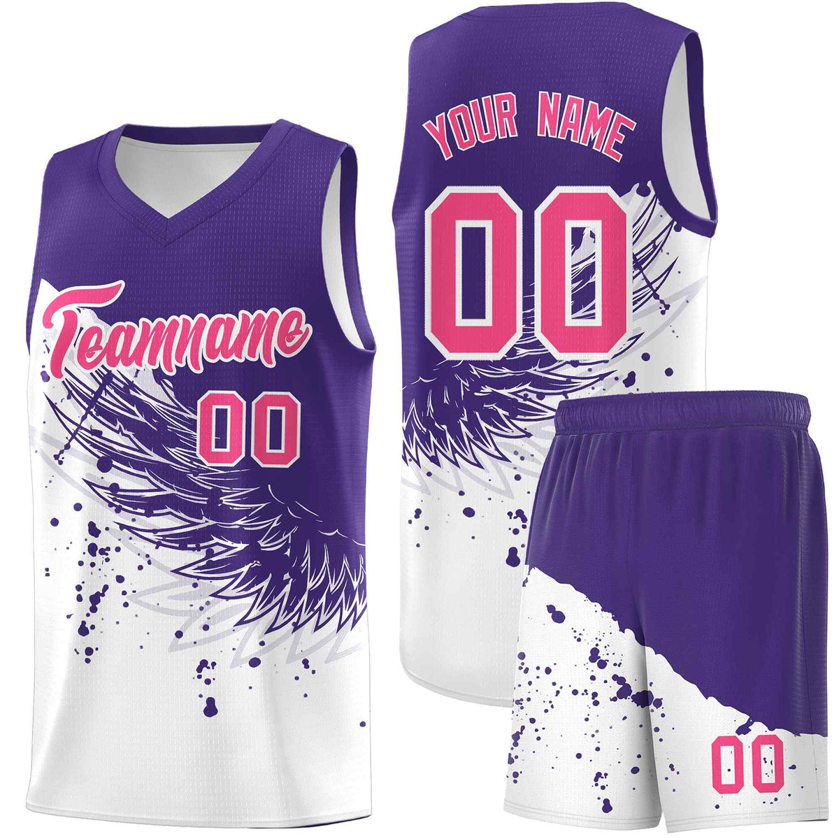 Custom White Purple Wing Pattern Sports Uniform Basketball Jersey