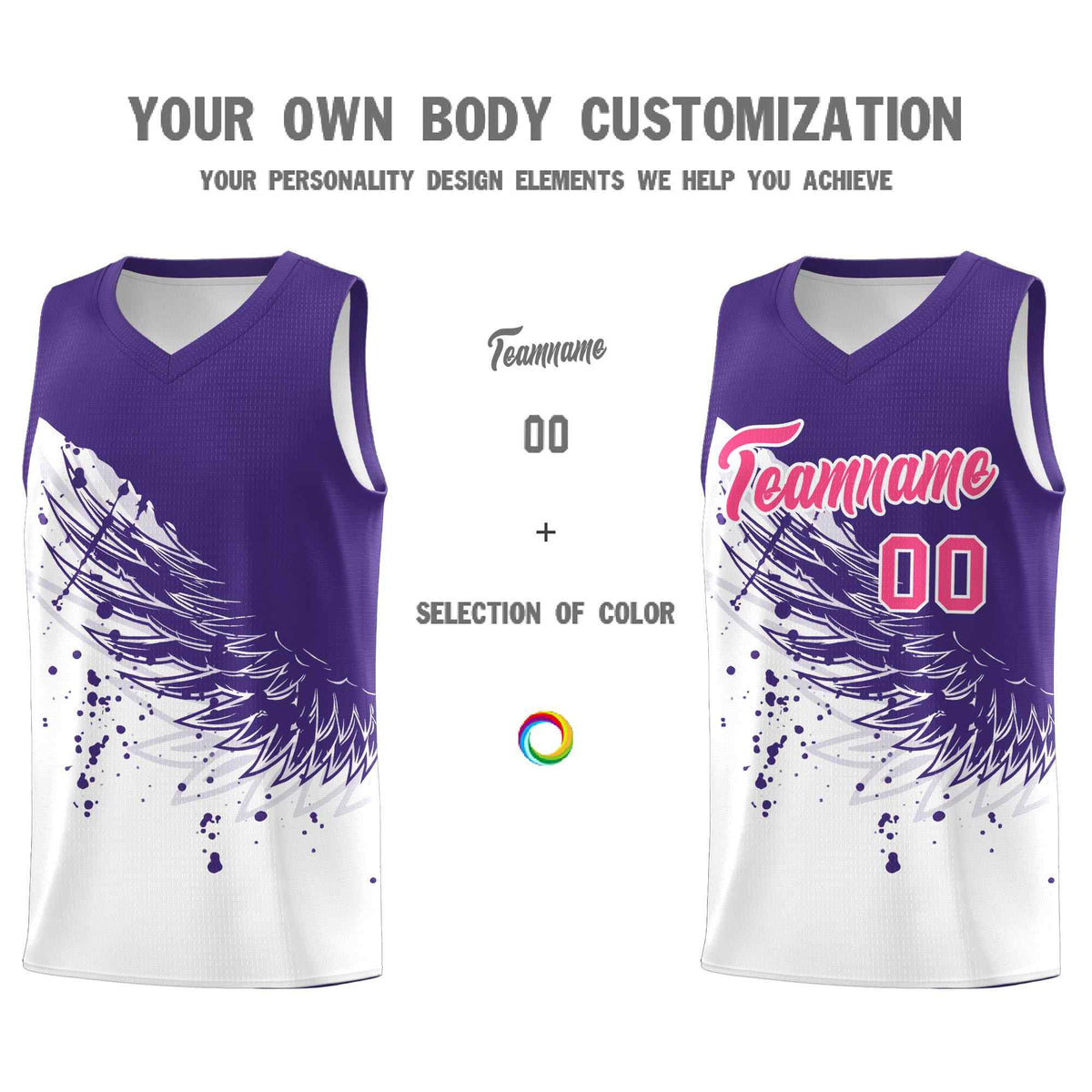 Custom White Purple Wing Pattern Sports Uniform Basketball Jersey