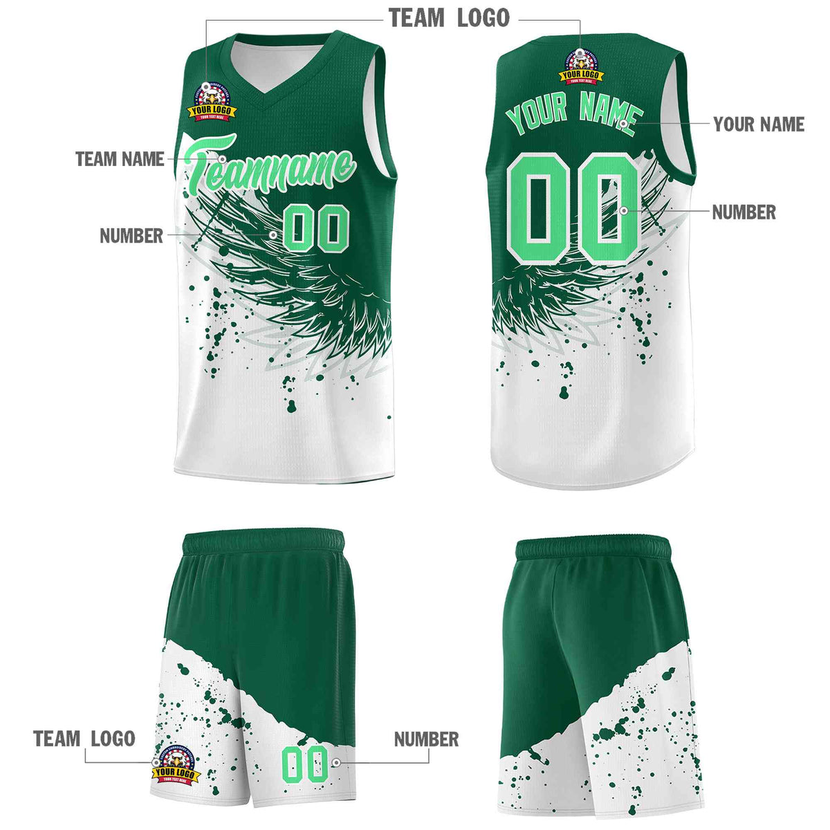 Custom White Kelly Green Wing Pattern Sports Uniform Basketball Jersey