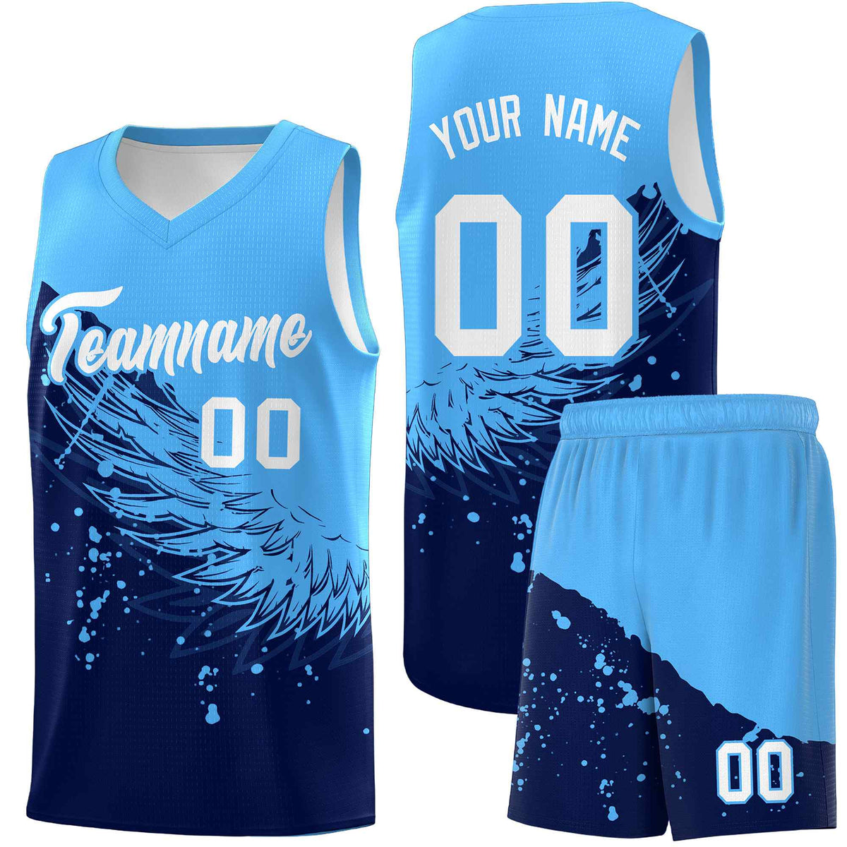 Custom Navy Powder Blue Wing Pattern Sports Uniform Basketball Jersey