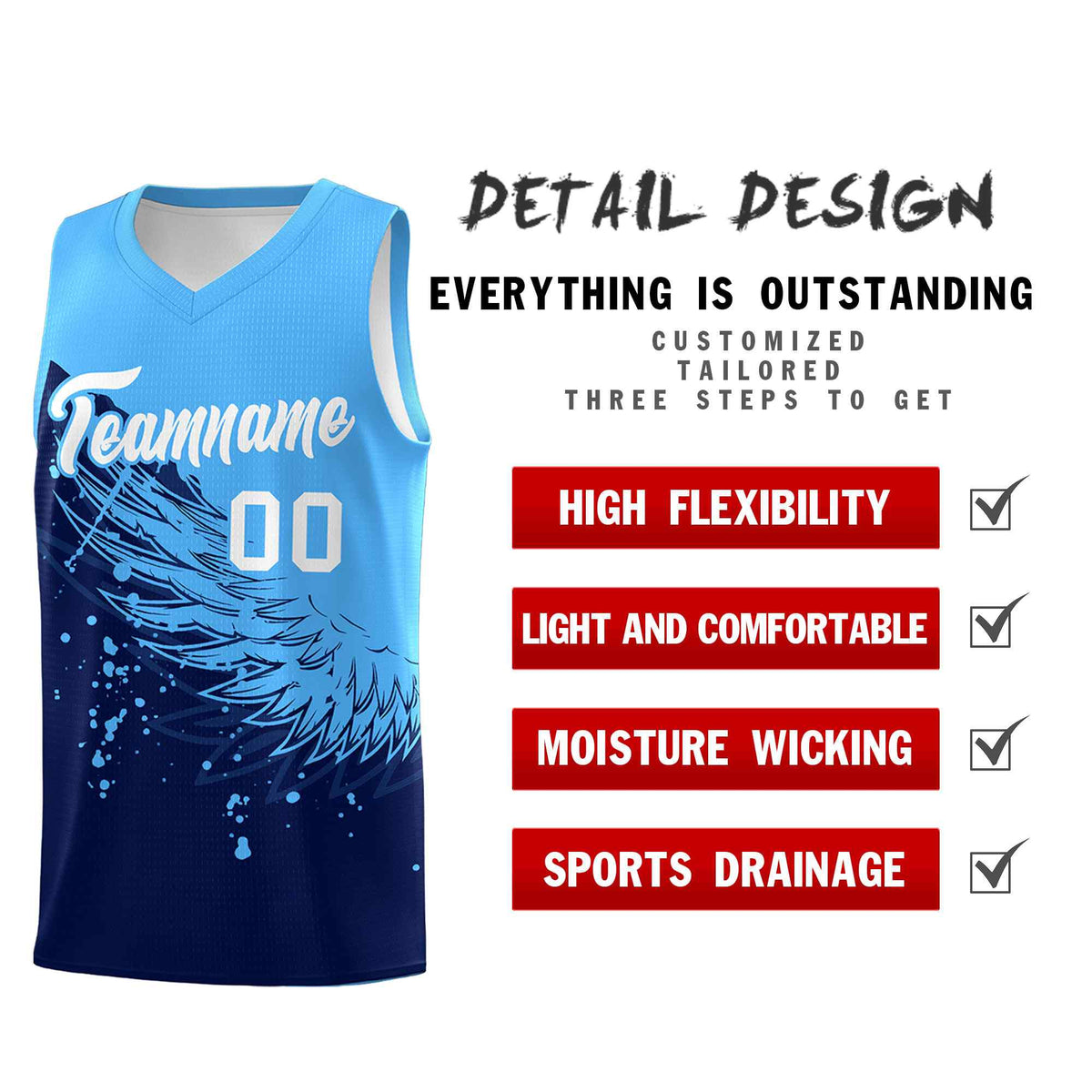 Custom Navy Powder Blue Wing Pattern Sports Uniform Basketball Jersey
