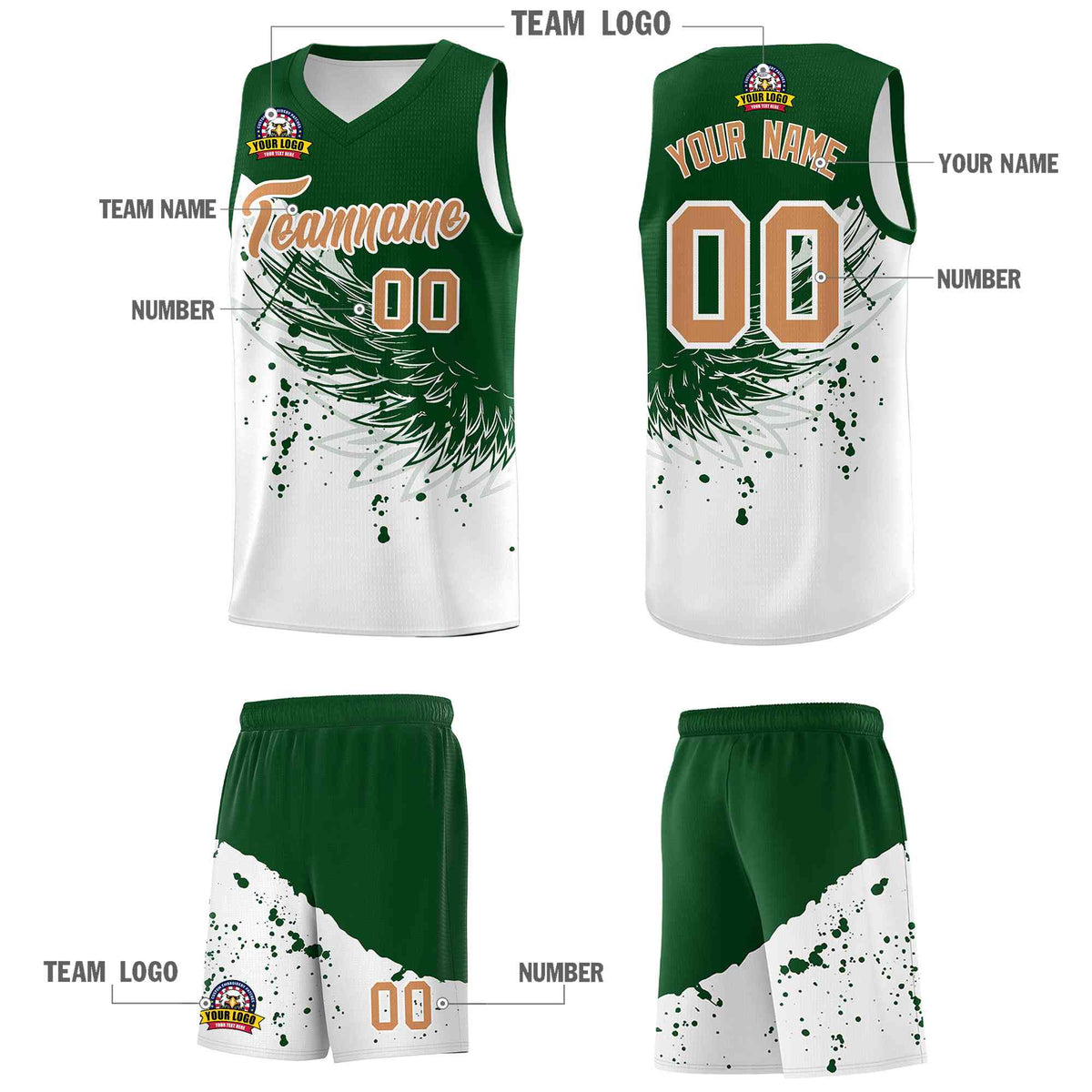 Custom White Green Wing Pattern Sports Uniform Basketball Jersey