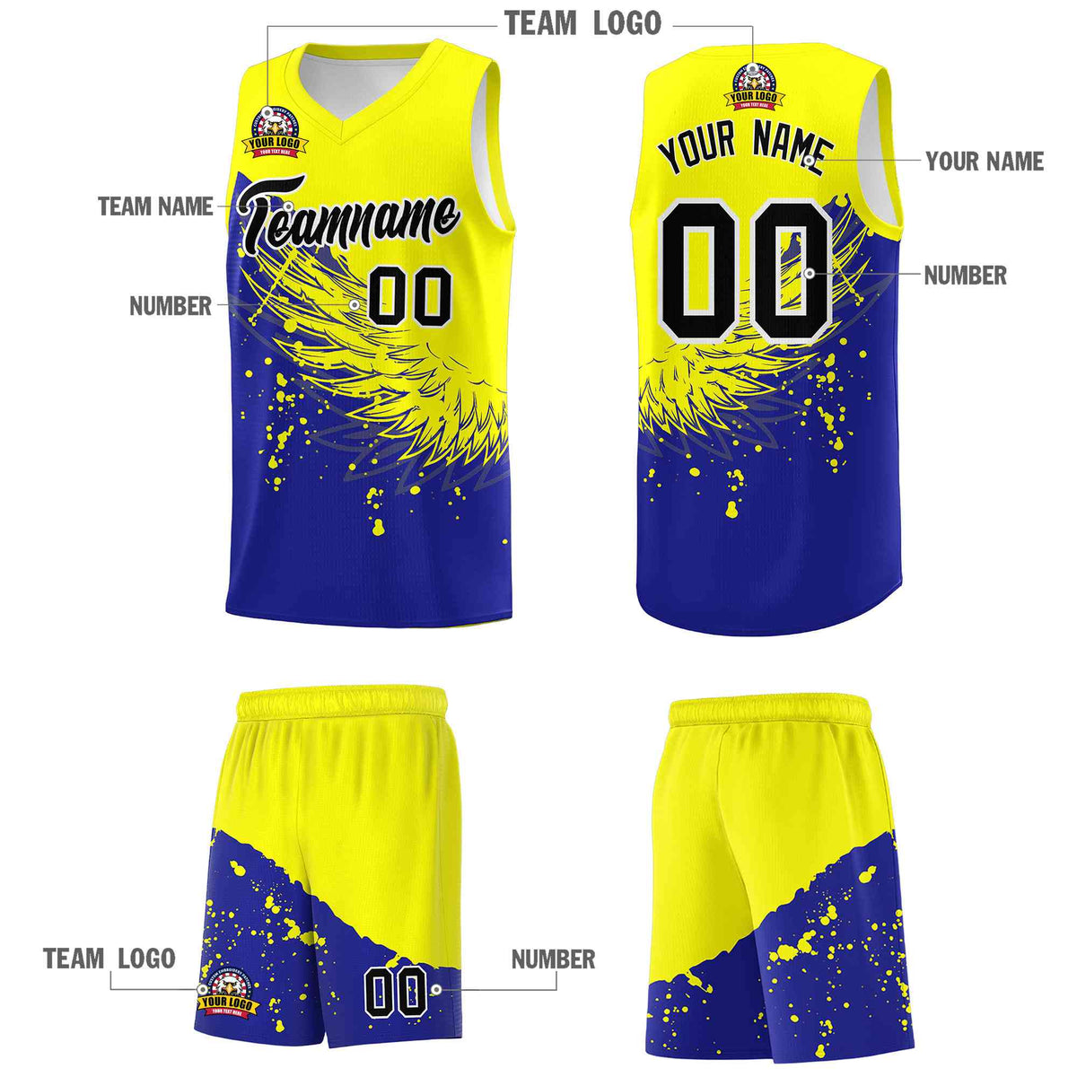 Custom Royal Fluorescent Yellow Wing Pattern Sports Uniform Basketball Jersey