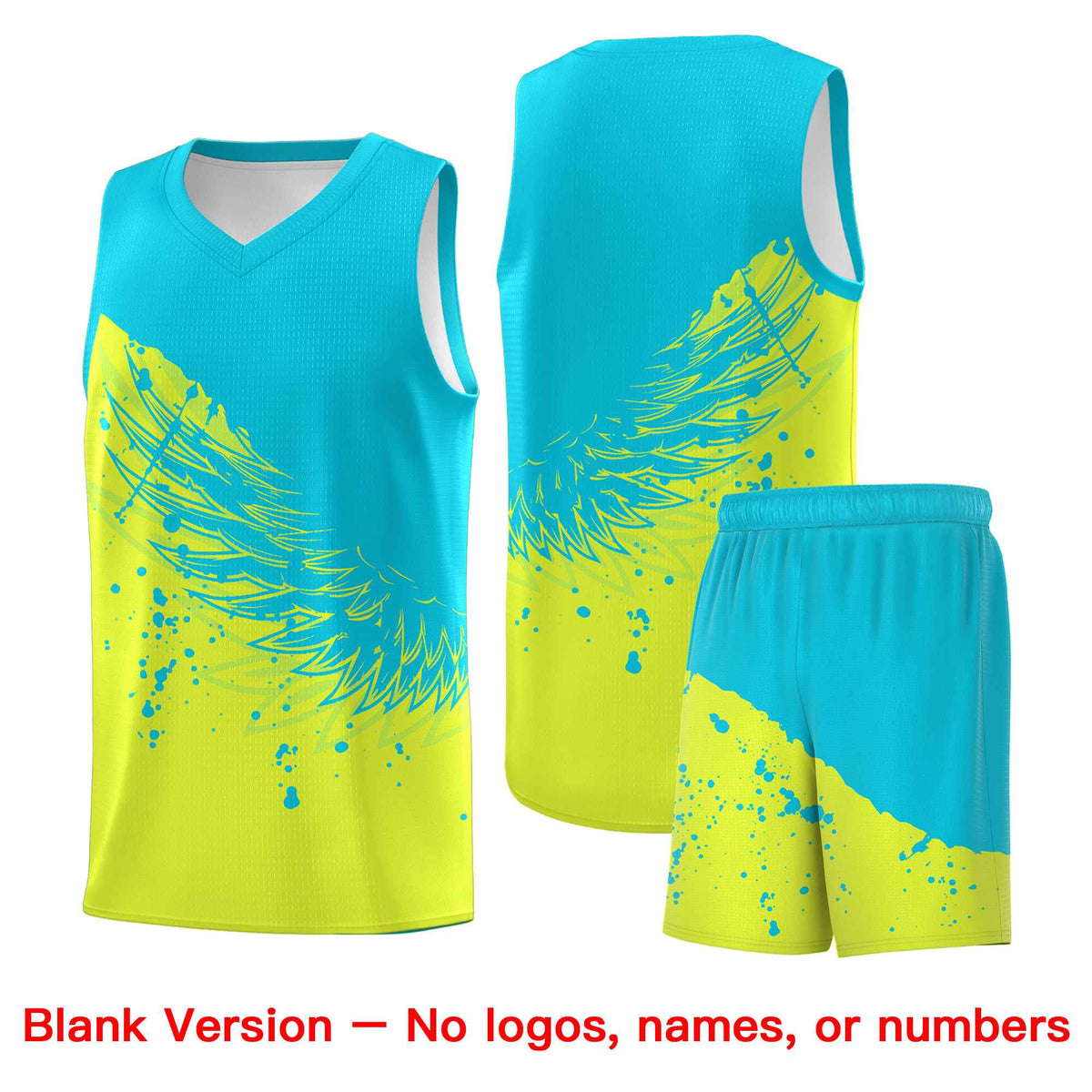 Custom Fluorescent Green Sky Blue Wing Pattern Sports Uniform Basketball Jersey