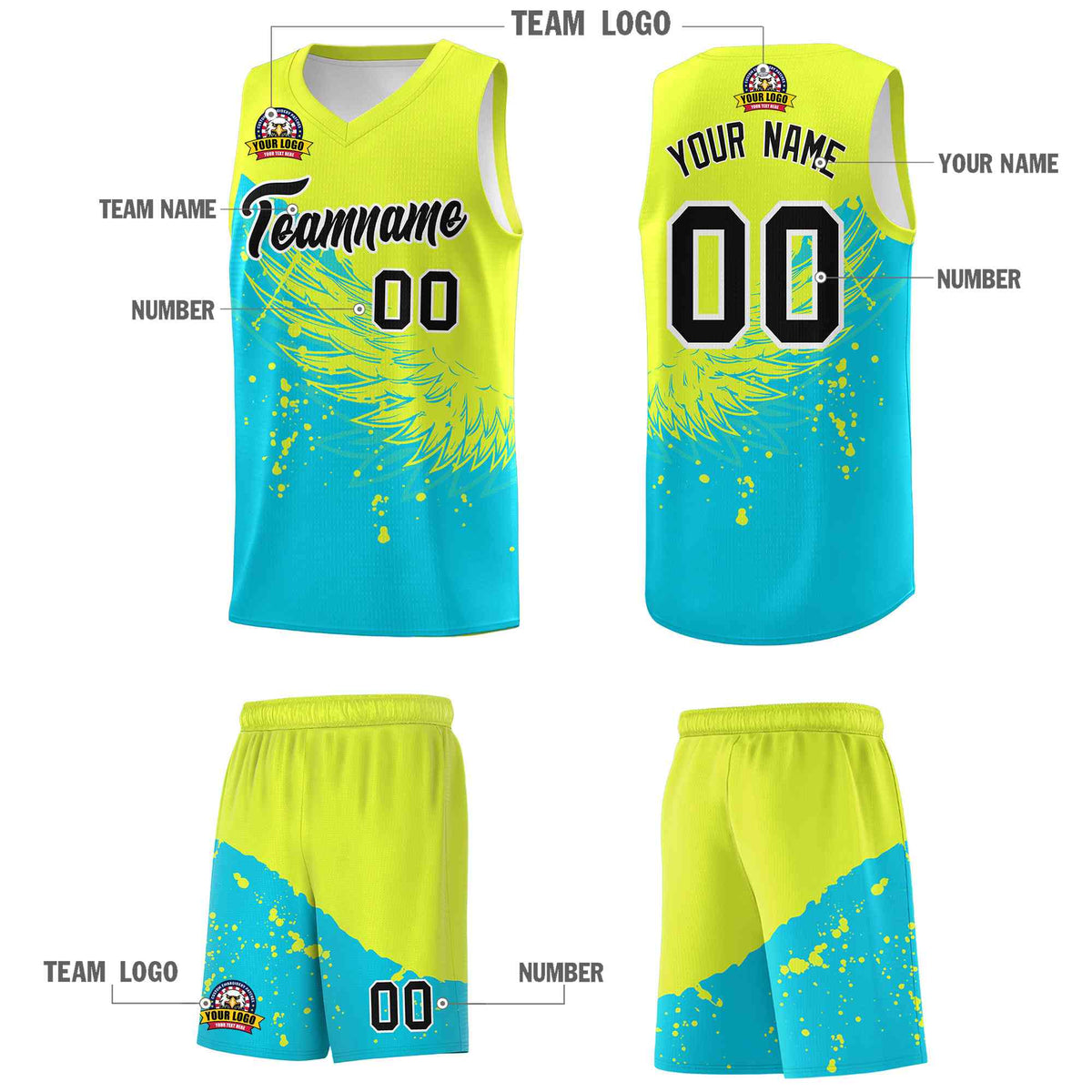 Custom Sky Blue Fluorescent Green Wing Pattern Sports Uniform Basketball Jersey