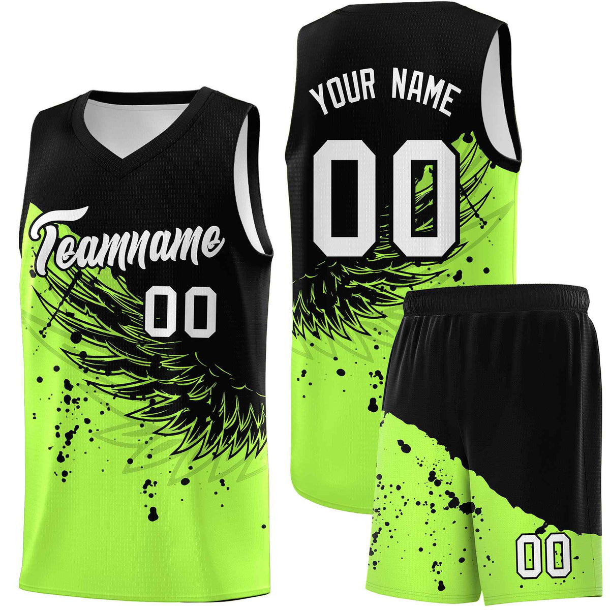 Custom Fluorescent Green Black Wing Pattern Sports Uniform Basketball Jersey