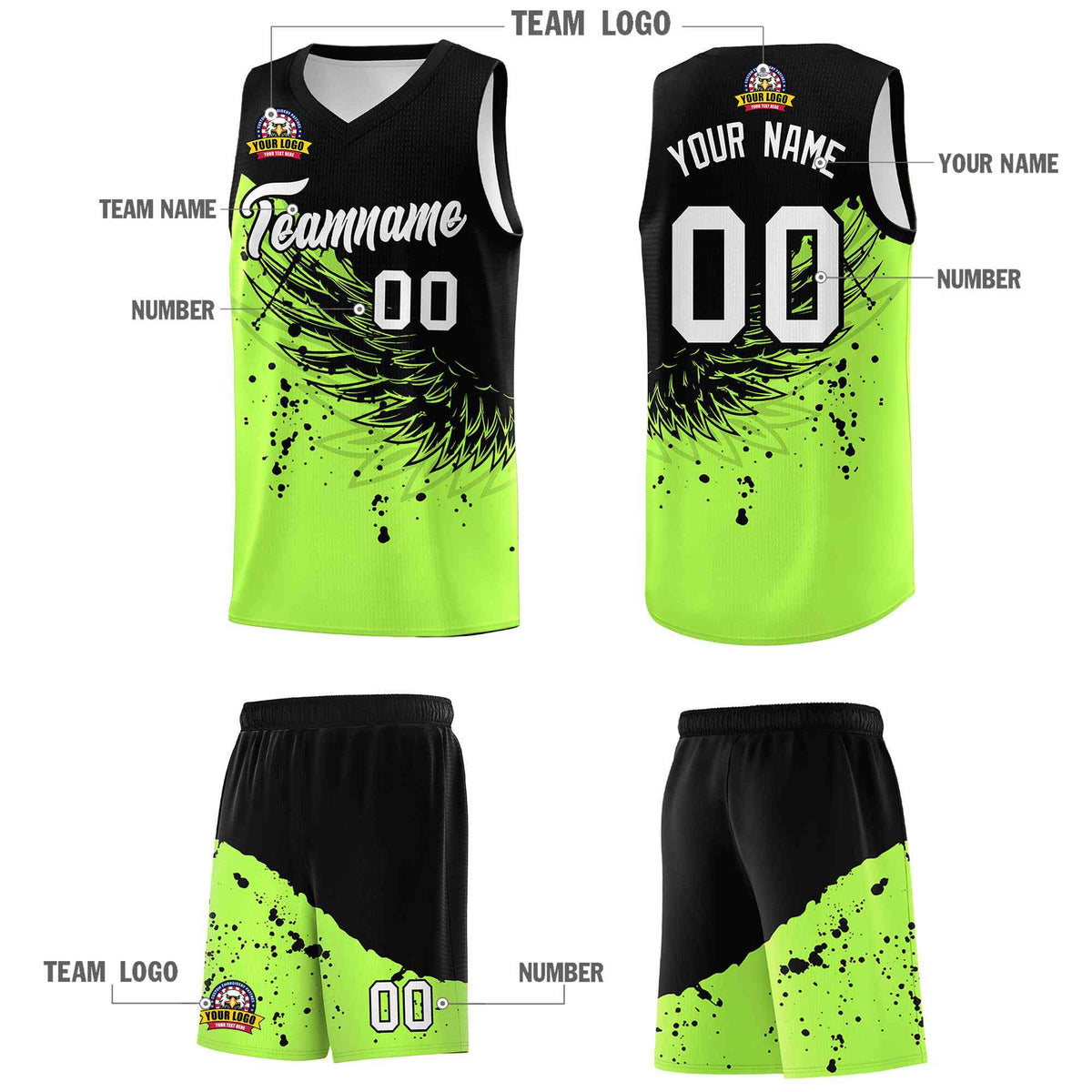 Custom Fluorescent Green Black Wing Pattern Sports Uniform Basketball Jersey