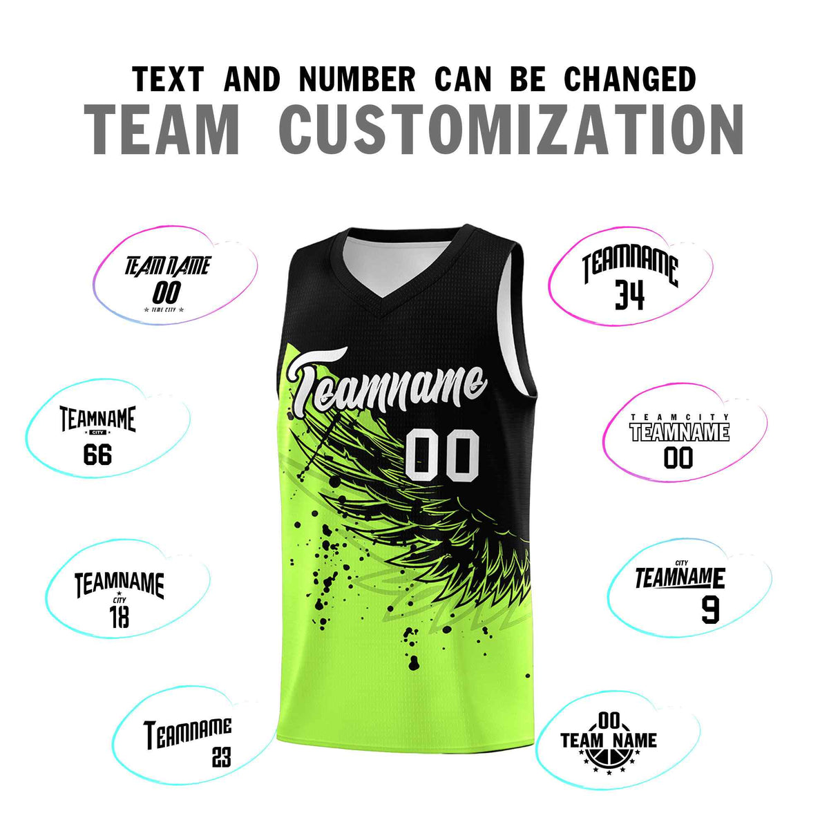 Custom Fluorescent Green Black Wing Pattern Sports Uniform Basketball Jersey