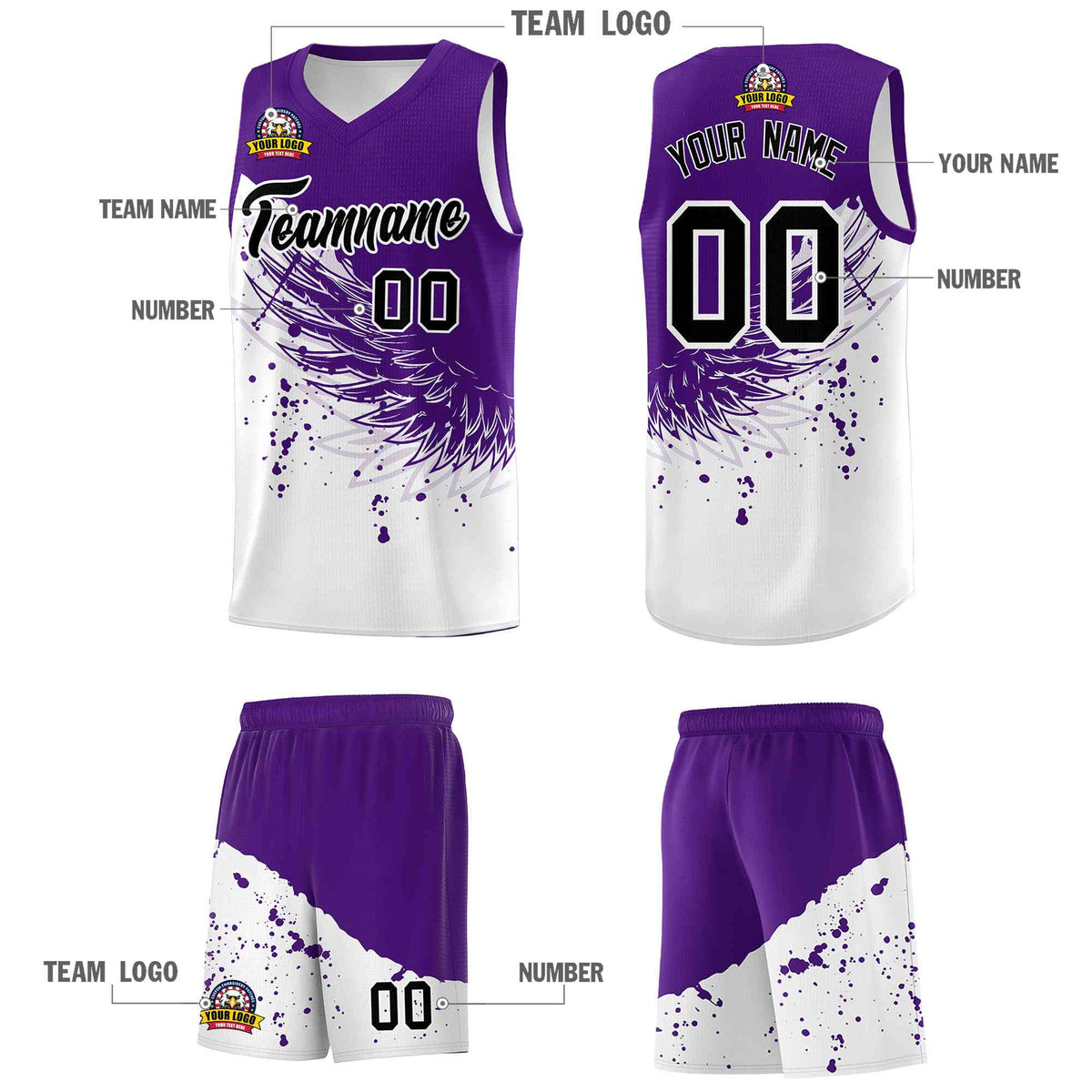 Custom White Purple Wing Pattern Sports Uniform Basketball Jersey