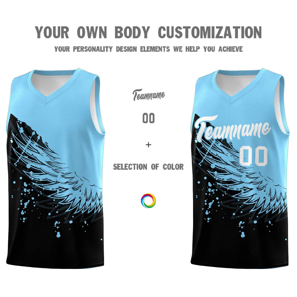 Custom Black Light Blue Wing Pattern Sports Uniform Basketball Jersey