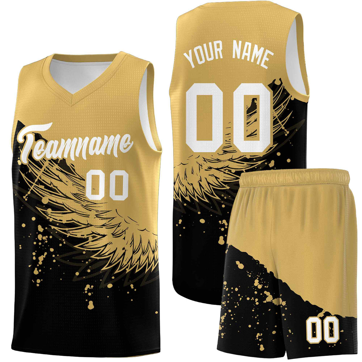 Custom Black Old Gold Wing Pattern Sports Uniform Basketball Jersey